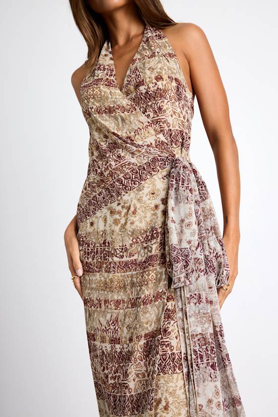 Francine Beige Multi Boho Print Halter Midi Dress 2