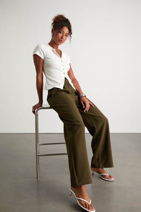 Lulus Cleo Dark Olive Tailored Wide-leg Trousers In Green