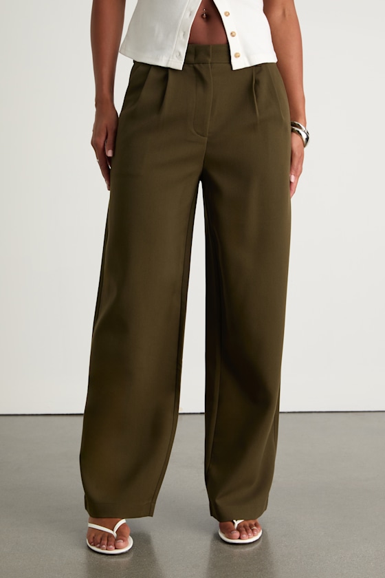 Lulus Cleo Dark Olive Tailored Wide-leg Trousers In Green