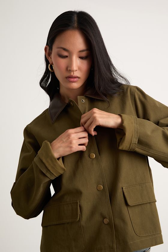 Lulus Mareva Olive Green Twill Barn Jacket In Green