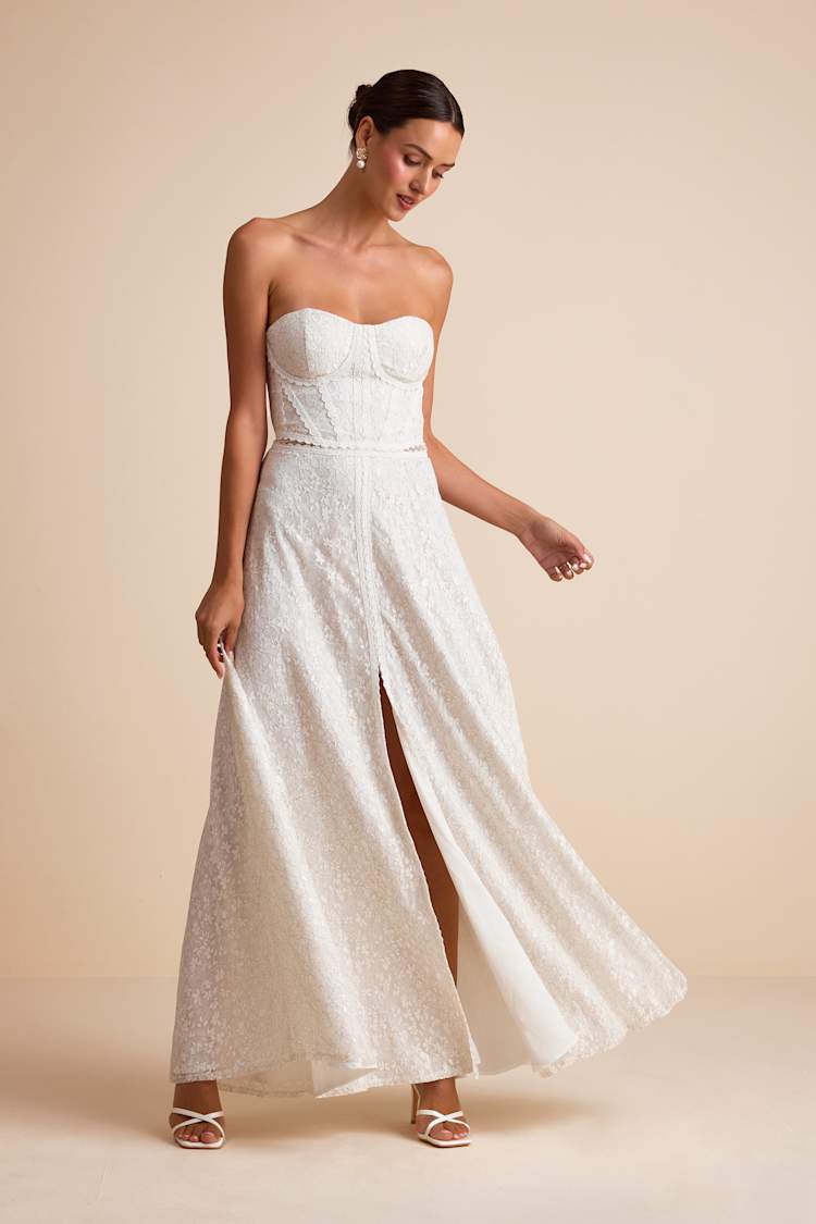 Eldoria White Lace Strapless Bustier Maxi Dress