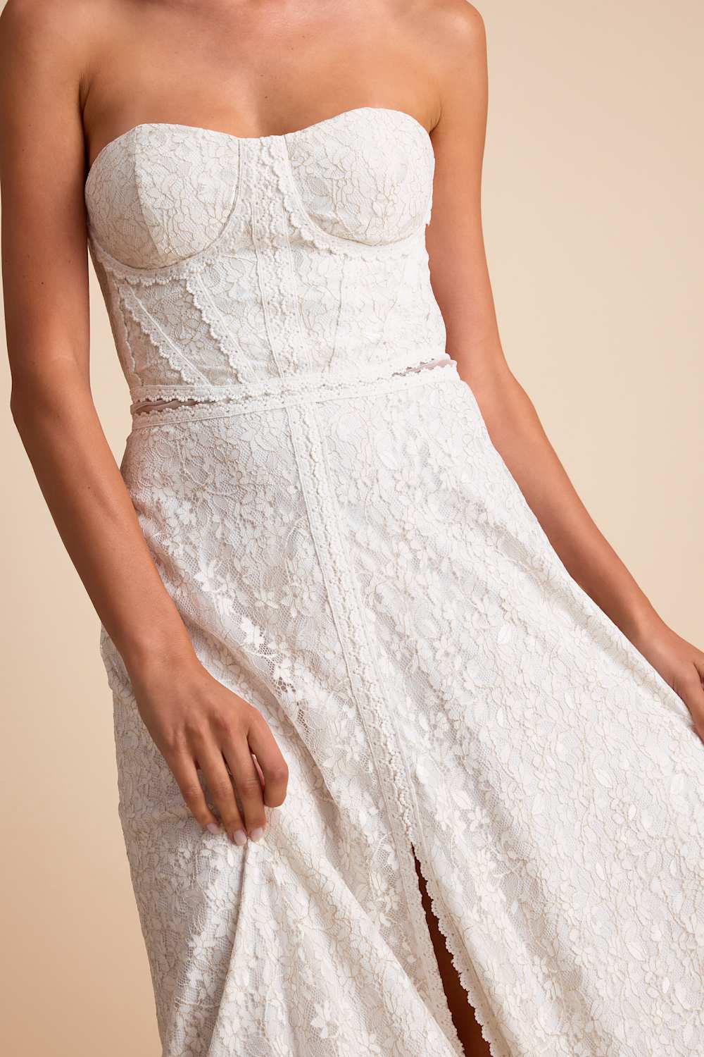 Eldoria White Lace Strapless Bustier Maxi Dress