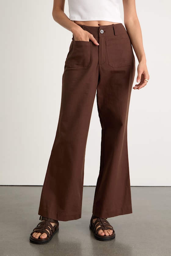 Dark Brown Pants - Twill High-Rise Pants - Wide-Leg Twill Pants