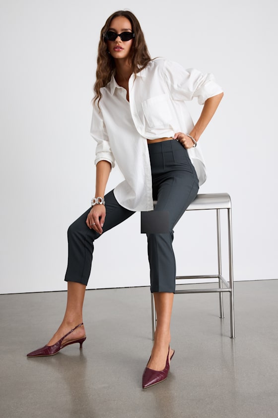 Lulus Cleo Dark Grey Tailored High-rise Slim Leg Trouser Pants In Gray