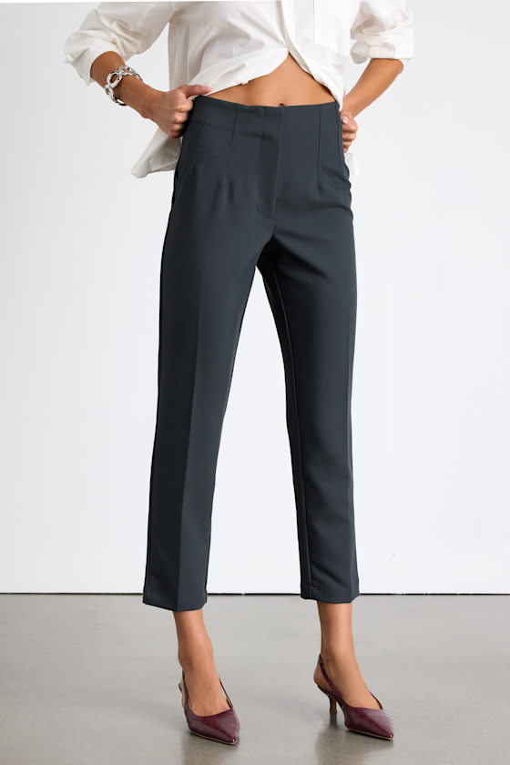 Lulus Cleo Dark Grey Tailored High-rise Slim Leg Trouser Pants In Gray
