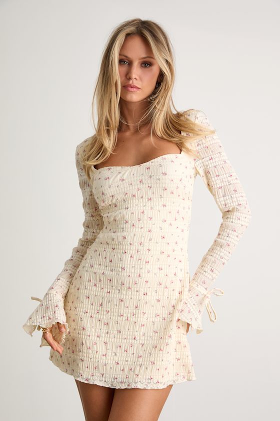 Ornella Cream Floral Textured Long Sleeve Mini Dress 1