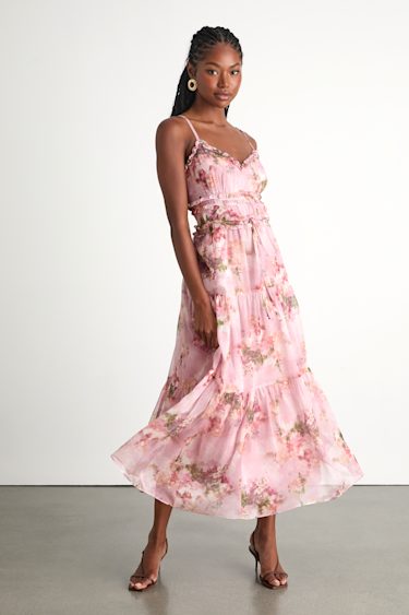 Pink Floral Tiered Dress - Ruffled Midi Dress - Floral Midi Dress - Lulus Pink Floral Tiered Dress - Ruffled Midi Dress - Floral Midi Dress - Lulus