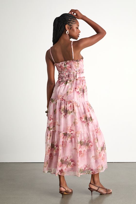 Pink Floral Tiered Dress - Ruffled Midi Dress - Floral Midi Dress