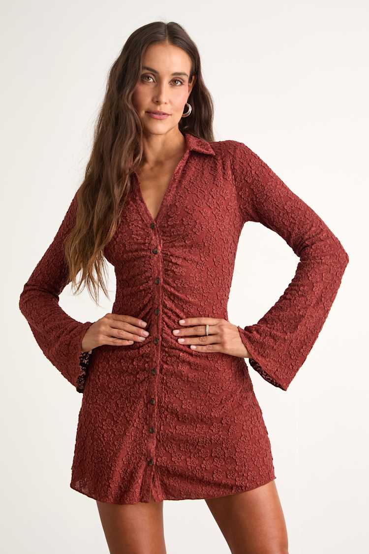 Marcella Rust Red Jacquard Button-Front Mini Dress