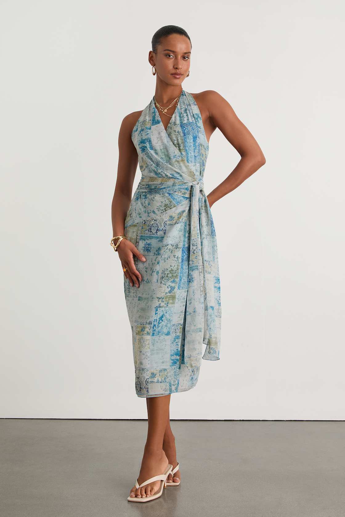 Francine Light Blue Multi Boho Print Halter Midi Dress