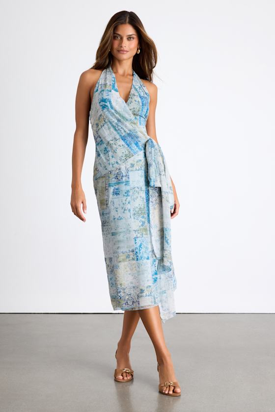 Image of Francine Light Blue Multi Boho Print Halter Midi Dress