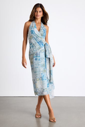 Francine Light Blue Multi Boho Print Halter Midi Dress 1