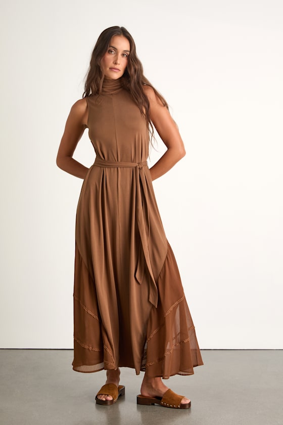 Jessa Brown Jersey Knit Mock Neck Maxi Dress 1