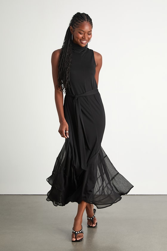 Black Jersey Knit Maxi Dress - Mock Neck Maxi Dress - Black Dress