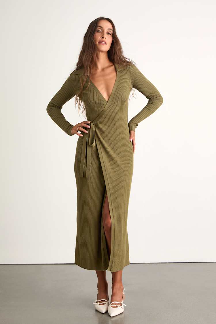Neyla Olive Green Ribbed Sweater Wrap Midi Dress