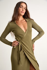 Neyla Olive Green Ribbed Sweater Wrap Midi Dress 3