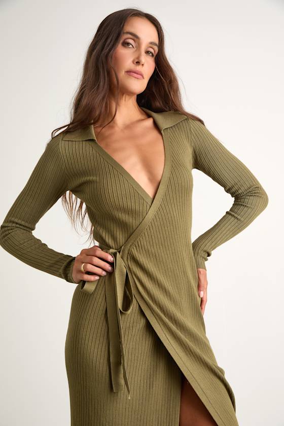 Neyla Olive Green Ribbed Sweater Wrap Midi Dress 3
