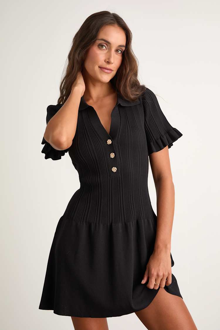 Black Sweater Knit Dress - Collared Mini Dress - Knit Mini Dress - Lulus