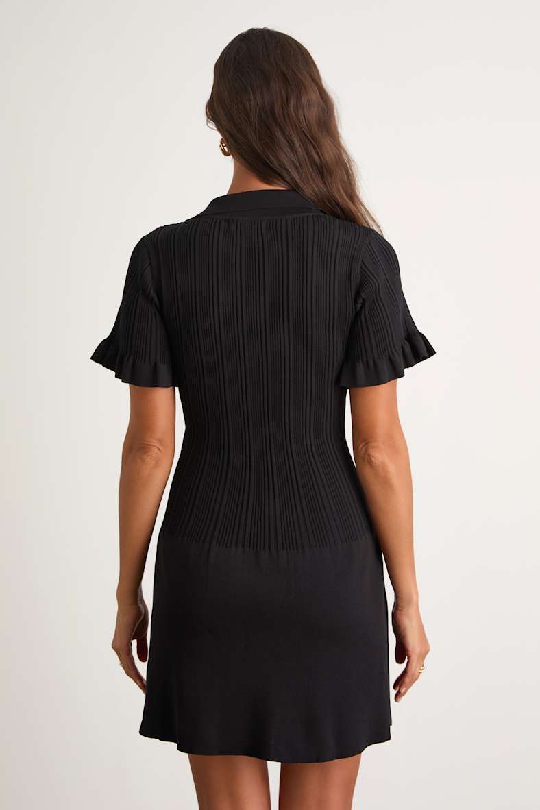 Yavina Black Collared Skater Sweater Mini Dress