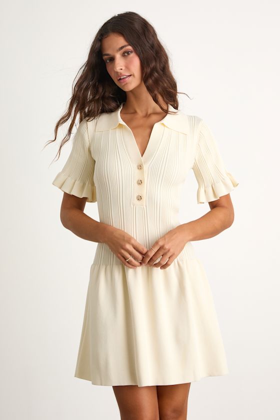 Yavina Cream Collared Skater Sweater Mini Dress 1