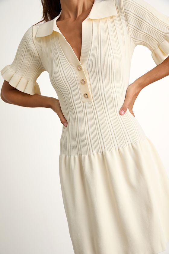 Cream Sweater Knit Dress - Collared Mini Dress - Knit Mini Dress - Image 2