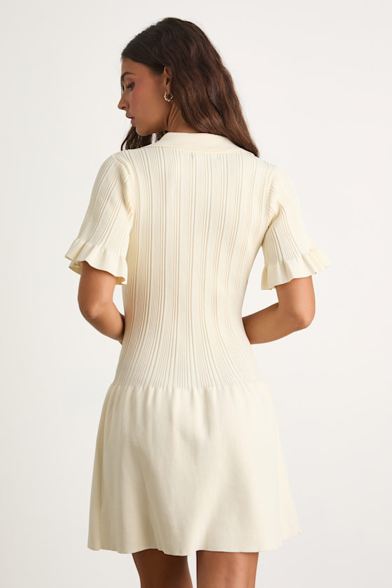Cream Sweater Knit Dress - Collared Mini Dress - Knit Mini Dress - Image 3