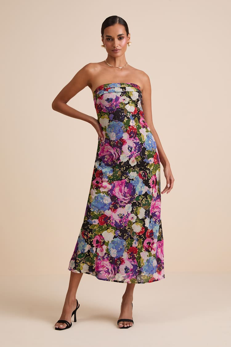 Sutherlynn Purple Multi Floral Strapless Midi Dress