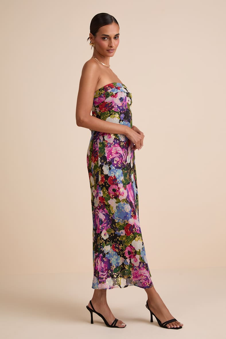 Sutherlynn Purple Multi Floral Strapless Midi Dress