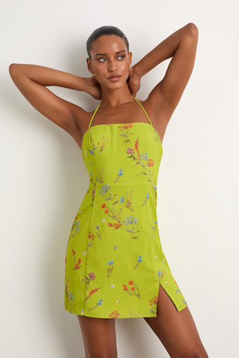 Catch the Bouquet Lime Green Floral Halter Lace-Up Mini Dress 1