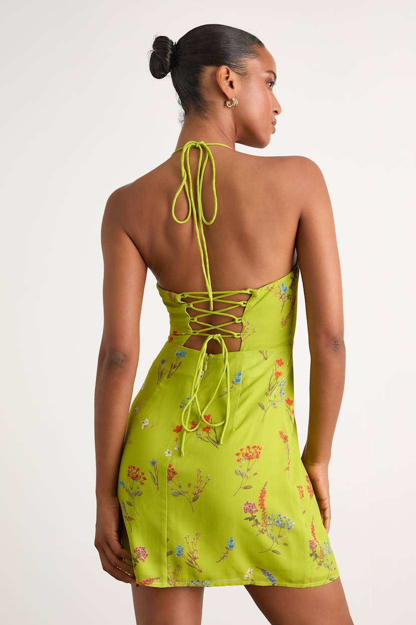 Lulus | Green Floral Halter Lace-Up Mini Dress | Womens | XX-Small (Available in XXL, XS, S, M, L, XL) | 100% Polyester Lulus | Green Floral Halter Lace-Up Mini Dress | Womens | XX-Small (Available in XXL, XS, S, M, L, XL) | 100% Polyester
