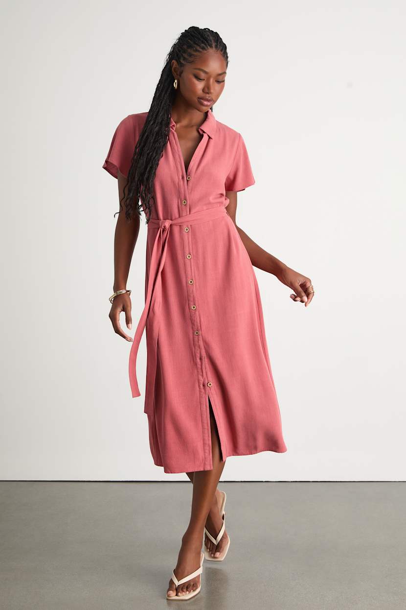 Rose Linen Dress - Button-Up Dress - Midi Short Sleeve Dress - Lulus Rose Linen Dress - Button-Up Dress - Midi Short Sleeve Dress - Lulus