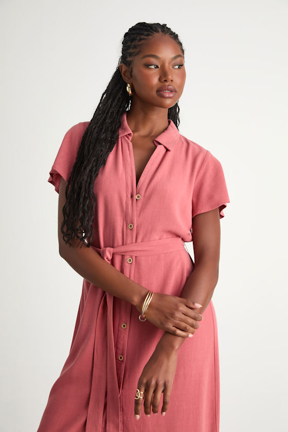 Italian Summer Rusty Rose Linen Button-Up Short Sleeve Dress 2