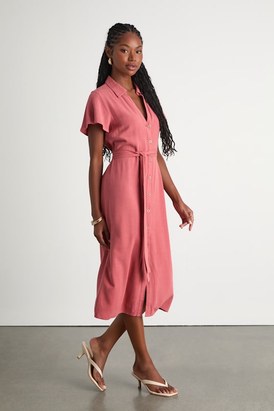 Italian Summer Rusty Rose Linen Button-Up Short Sleeve Dress 4