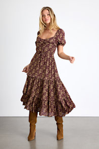 Adorable Ideal Burgundy Floral Print Tiered Ruffled Midi Dress 2