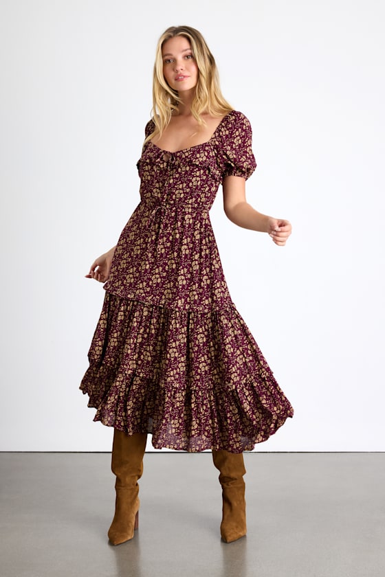 Adorable Ideal Burgundy Floral Print Tiered Ruffled Midi Dress 2