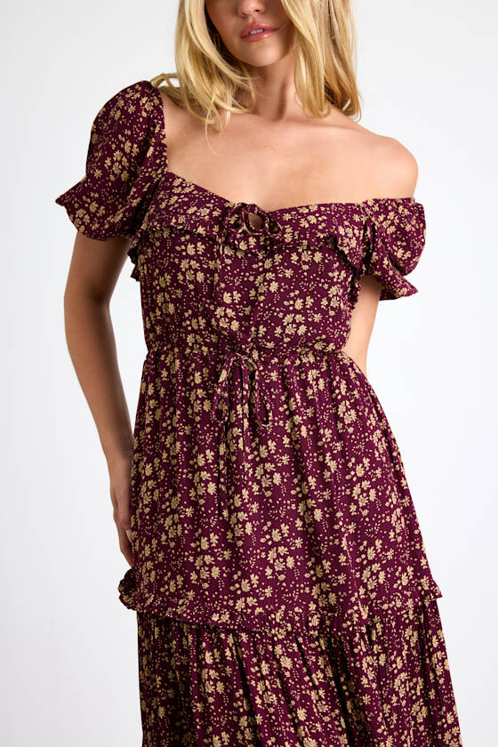 Adorable Ideal Burgundy Floral Print Tiered Ruffled Midi Dress 3