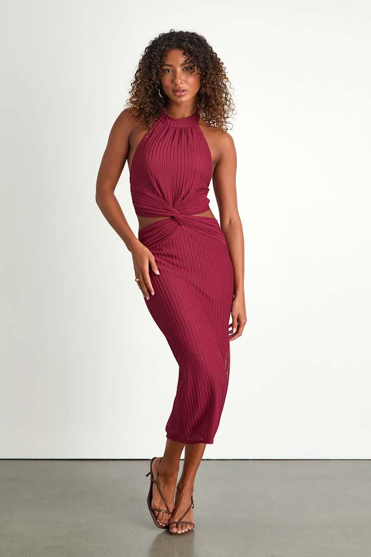 slim fit dress slacks Burgundy Halter Midi Dress Small main image 1