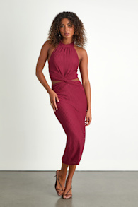 Poised Attitude Burgundy Halter Cutout Twist-Front Midi Dress 1