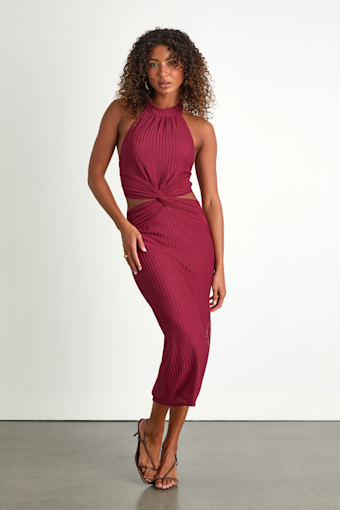 Poised Attitude Burgundy Halter Cutout Twist-Front Midi Dress 1