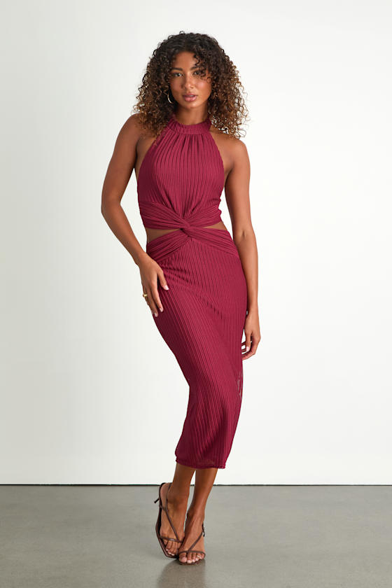 Poised Attitude Burgundy Halter Cutout Twist-Front Midi Dress 1