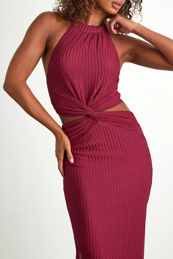 Poised Attitude Burgundy Halter Cutout Twist-Front Midi Dress 2