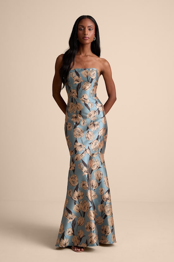 Image of Gowning Around Slate Blue Floral Jacquard Strapless Maxi Dress