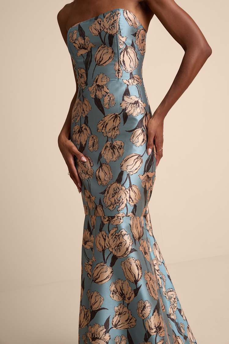 Gowning Around Slate Blue Floral Jacquard Strapless Maxi Dress