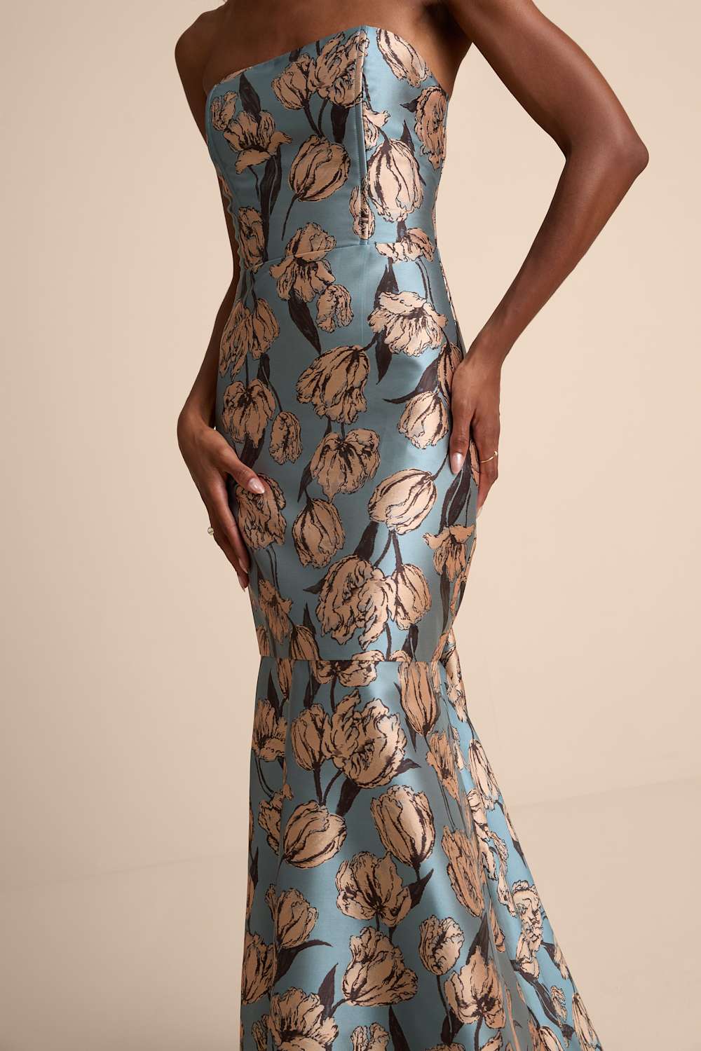 Gowning Around Slate Blue Floral Jacquard Strapless Maxi Dress
