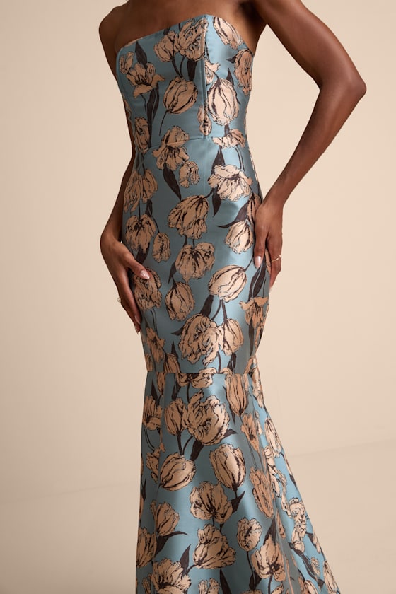Gowning Around Slate Blue Floral Jacquard Strapless Maxi Dress 2