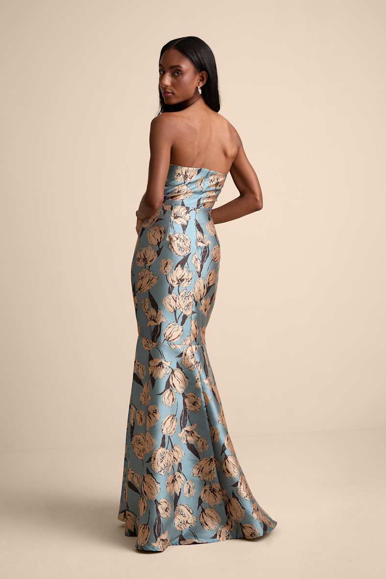 Gowning Around Slate Blue Floral Jacquard Strapless Maxi Dress