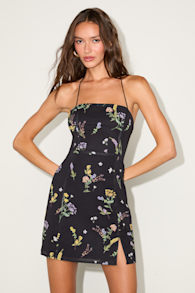 Catch the Bouquet Black Floral Halter Lace-Up Mini Dress 1