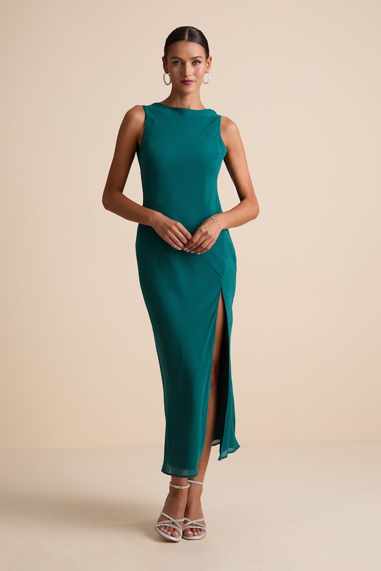 Yaneli Teal Boat Neck Cowl Back Maxi Dress
