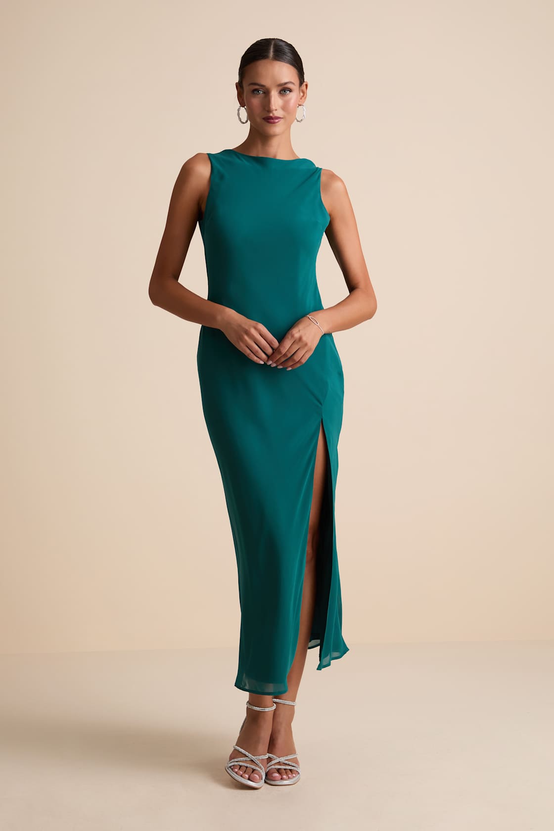 Yaneli Teal Boat Neck Cowl Back Maxi Dress