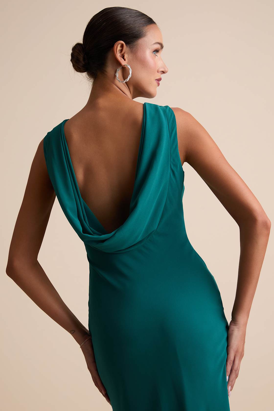 Yaneli Teal Boat Neck Cowl Back Maxi Dress